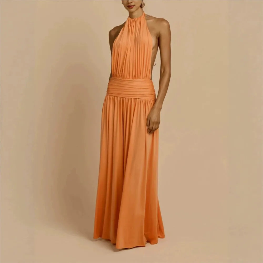 Dresses For Woman Party Wedding Evening Dress Vestidos Lady Temperament Elegant Sexy Pleated Neck Halter Sleeveless Banquet Chic