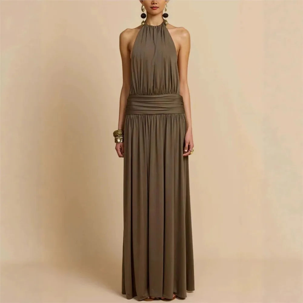 Dresses For Woman Party Wedding Evening Dress Vestidos Lady Temperament Elegant Sexy Pleated Neck Halter Sleeveless Banquet Chic