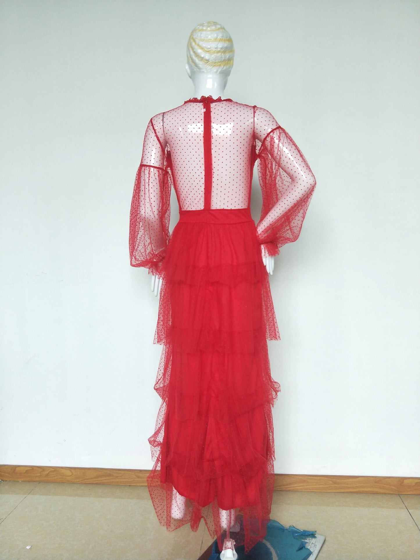 Women Dress Wedding Sexy High Waist Evening Floor Length Dresses Lace Dot Puff Full Sleeve A Line Gown Vestidos Elegant Party