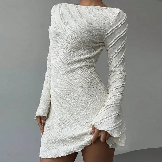 Women's Dress, White Knitted Fabric, Boat Collar A-word Short Skirt, Backless Lace-up.