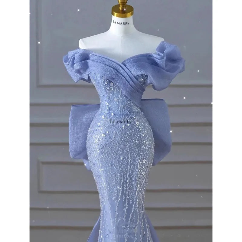 Woman's Dress High Dress Off-Shoulder Blue Evening Dress Light Luxury Niche Mermaid Sequin Host Elegant Party Dresses Vestidos