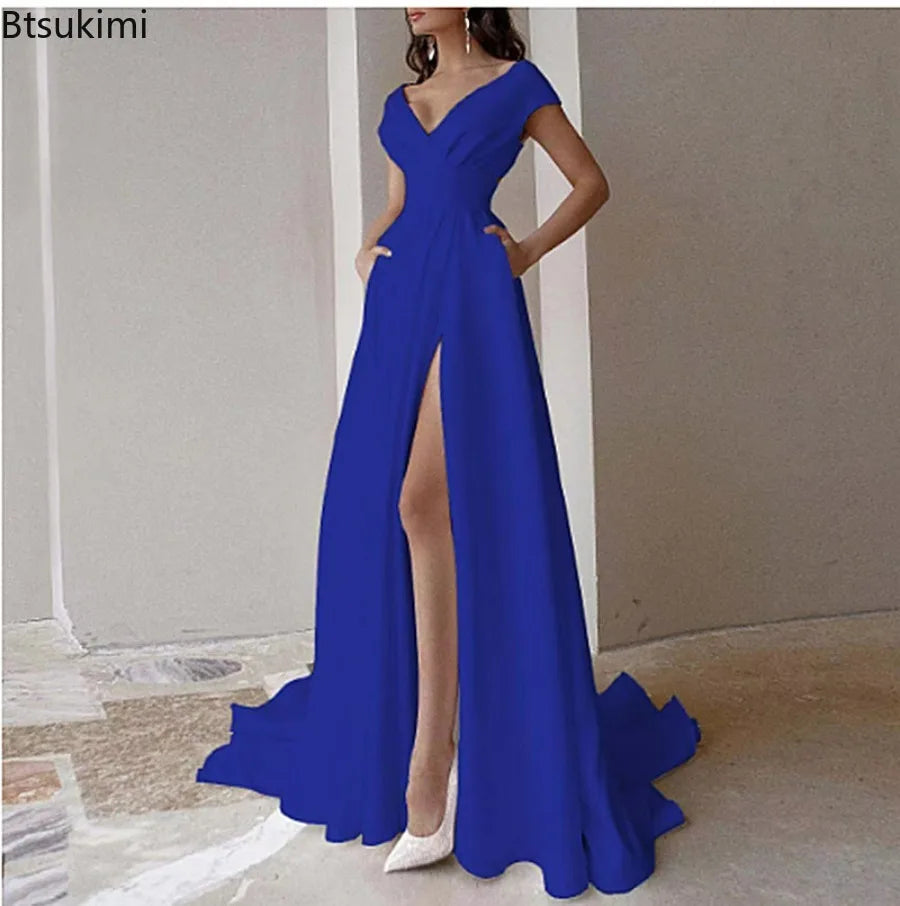 2026 Women's Elegant Party Evening Dresses Sexy V-neck Ruffle Solid Mid Waist Temperament Maxi Dress Prom Dresses Vestidos Femme