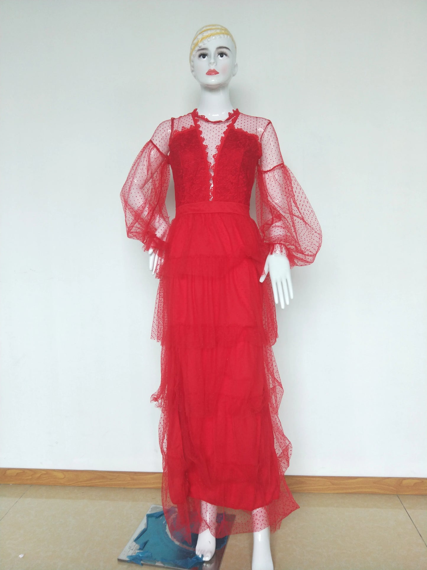 Women Dress Wedding Sexy High Waist Evening Floor Length Dresses Lace Dot Puff Full Sleeve A Line Gown Vestidos Elegant Party