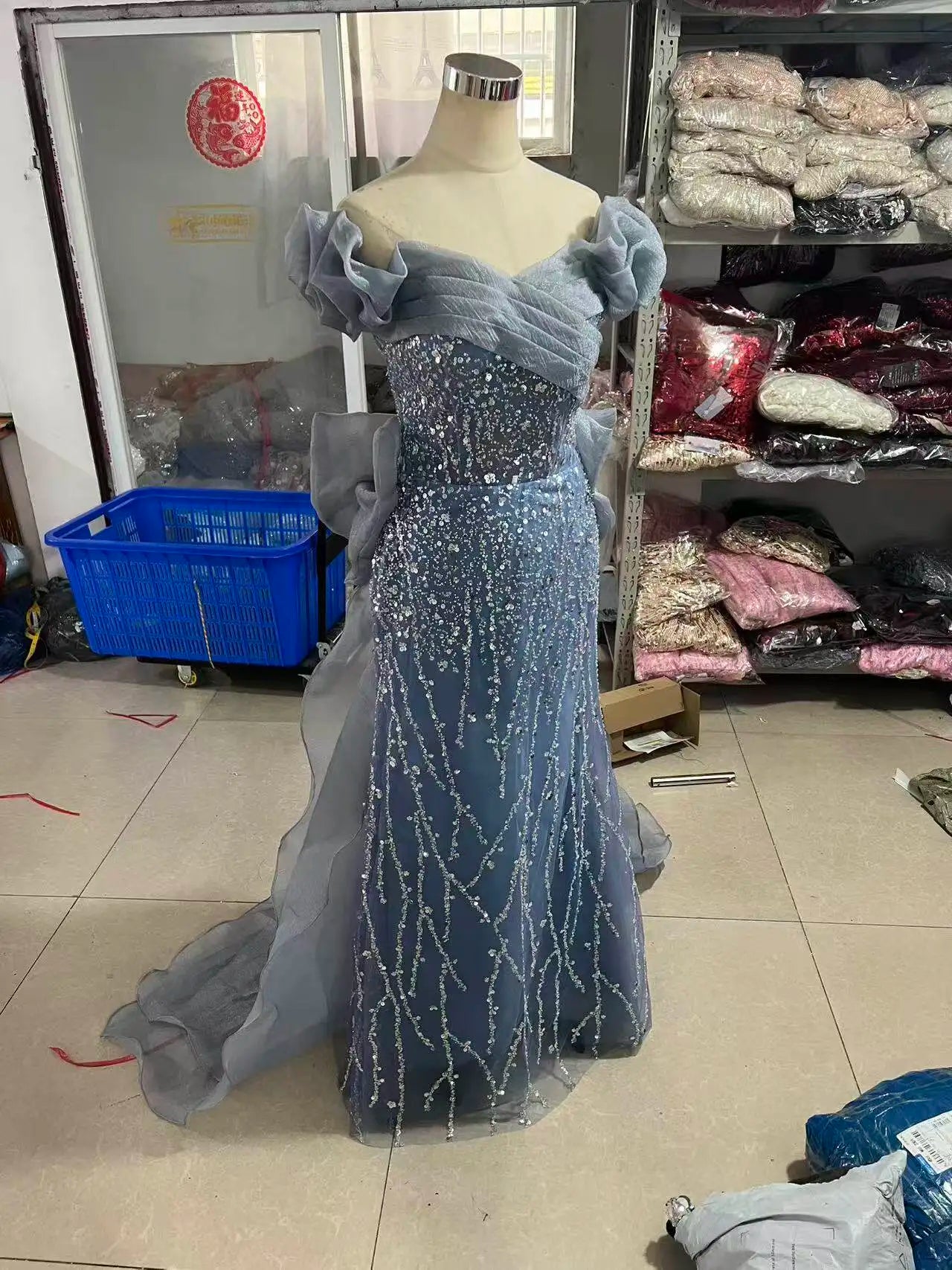 Woman's Dress High Dress Off-Shoulder Blue Evening Dress Light Luxury Niche Mermaid Sequin Host Elegant Party Dresses Vestidos