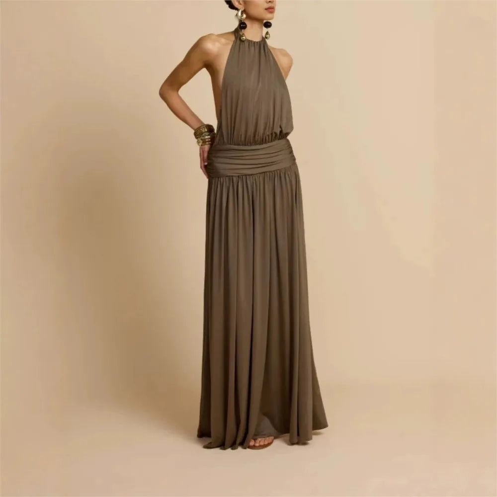 Dresses For Woman Party Wedding Evening Dress Vestidos Lady Temperament Elegant Sexy Pleated Neck Halter Sleeveless Banquet Chic