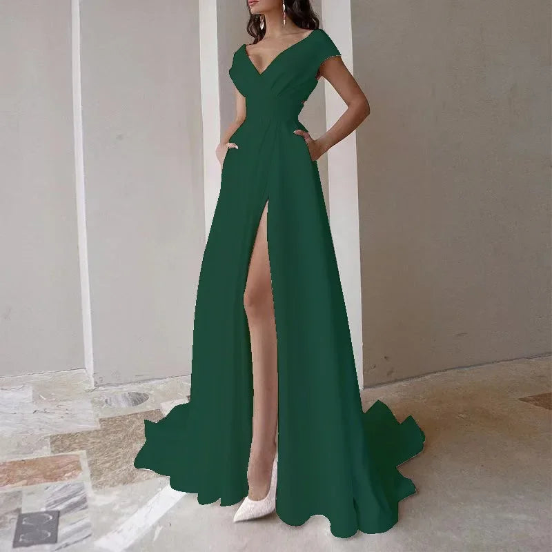 2026 Women's Elegant Party Evening Dresses Sexy V-neck Ruffle Solid Mid Waist Temperament Maxi Dress Prom Dresses Vestidos Femme