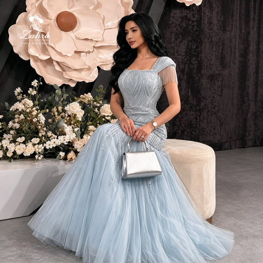 Women's Formal Evening Gowns Light Blue Beaded Tassel Sleeve Multi Tulle Mermaid Long Evening Dresses Wedding Party