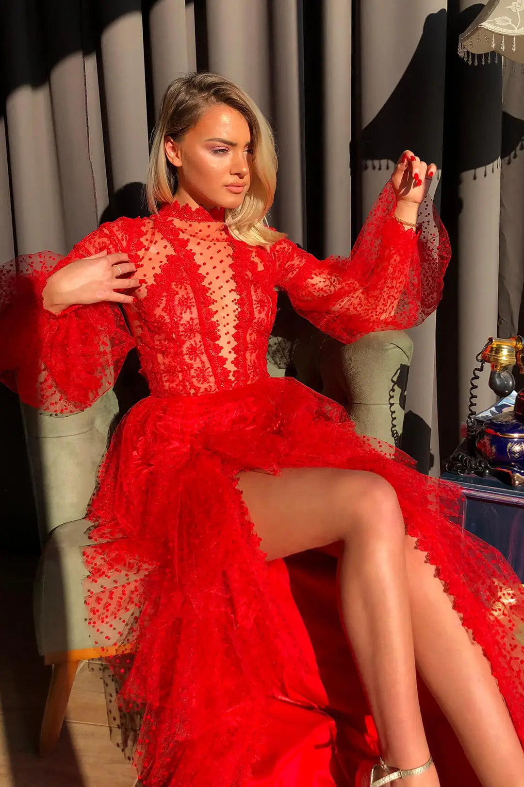 Women Dress Wedding Sexy High Waist Evening Floor Length Dresses Lace Dot Puff Full Sleeve A Line Gown Vestidos Elegant Party
