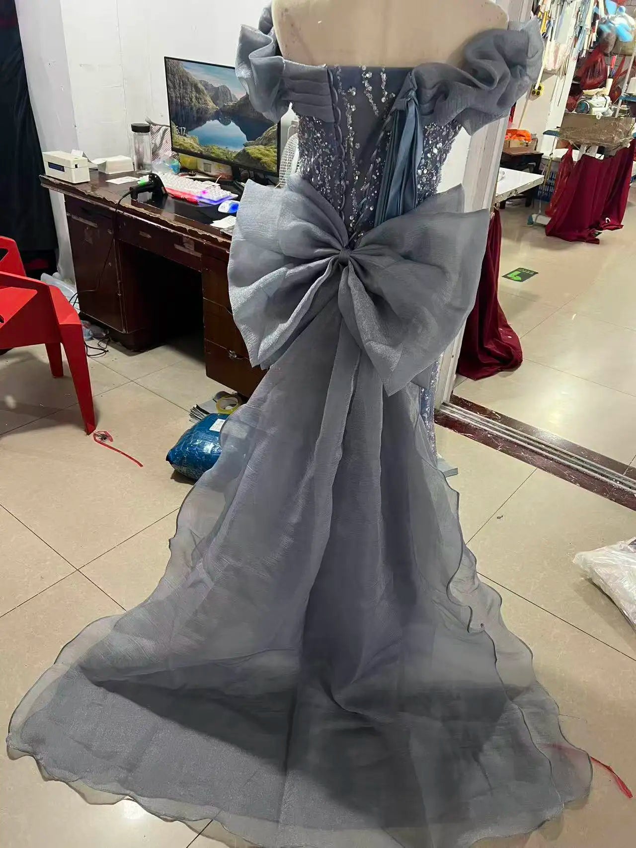 Woman's Dress High Dress Off-Shoulder Blue Evening Dress Light Luxury Niche Mermaid Sequin Host Elegant Party Dresses Vestidos