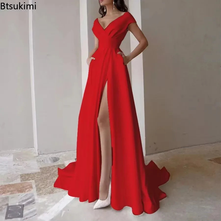 2026 Women's Elegant Party Evening Dresses Sexy V-neck Ruffle Solid Mid Waist Temperament Maxi Dress Prom Dresses Vestidos Femme