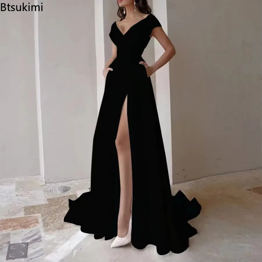 2026 Women's Elegant Party Evening Dresses Sexy V-neck Ruffle Solid Mid Waist Temperament Maxi Dress Prom Dresses Vestidos Femme