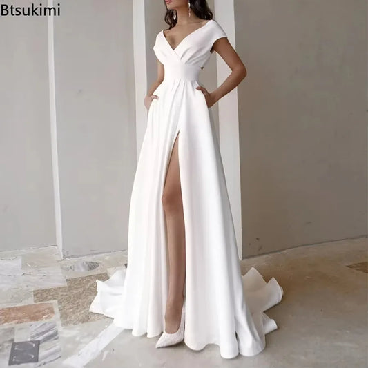 2026 Women's Elegant Party Evening Dresses Sexy V-neck Ruffle Solid Mid Waist Temperament Maxi Dress Prom Dresses Vestidos Femme