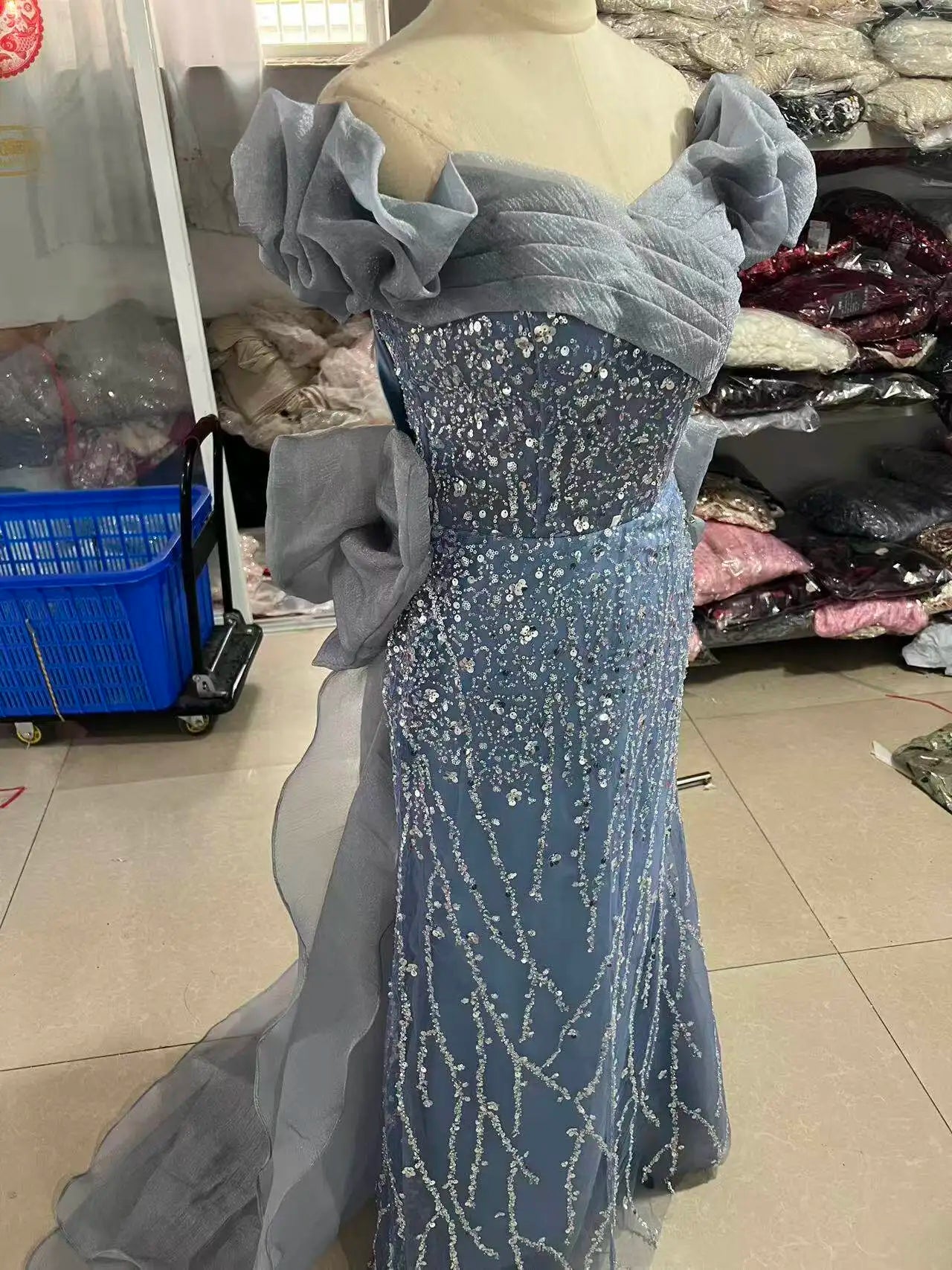 Woman's Dress High Dress Off-Shoulder Blue Evening Dress Light Luxury Niche Mermaid Sequin Host Elegant Party Dresses Vestidos