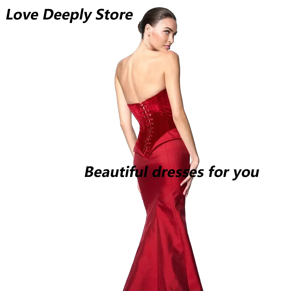 Red Evening Dresses for Women Sexy Strapless Floor Length Prom Dress 2026 Mermaid Backless Handmade Flowers Wedding Party Dress