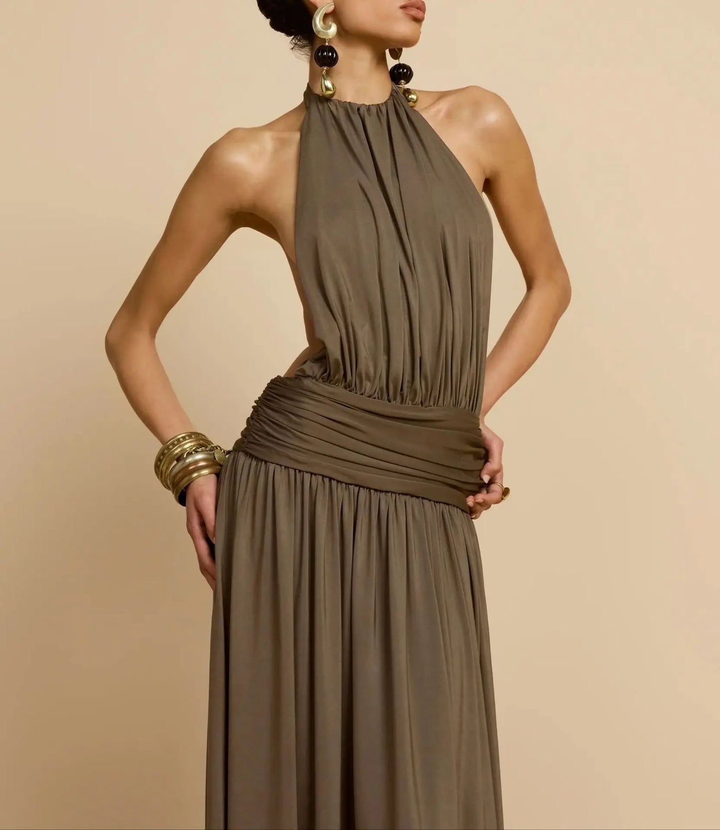 Dresses For Woman Party Wedding Evening Dress Vestidos Lady Temperament Elegant Sexy Pleated Neck Halter Sleeveless Banquet Chic