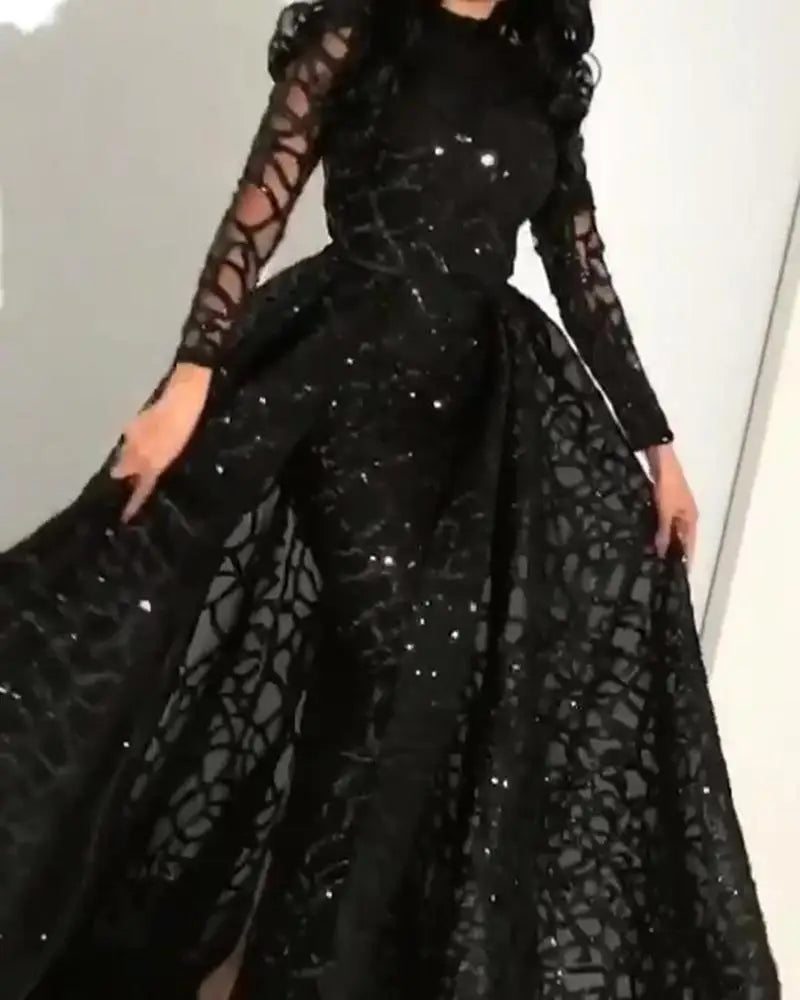Women Dress 2021 Summer Long-Sleeved Sequined Expandable Elegant Gown Party Dress High Waist Big Swing Black Dresses Black