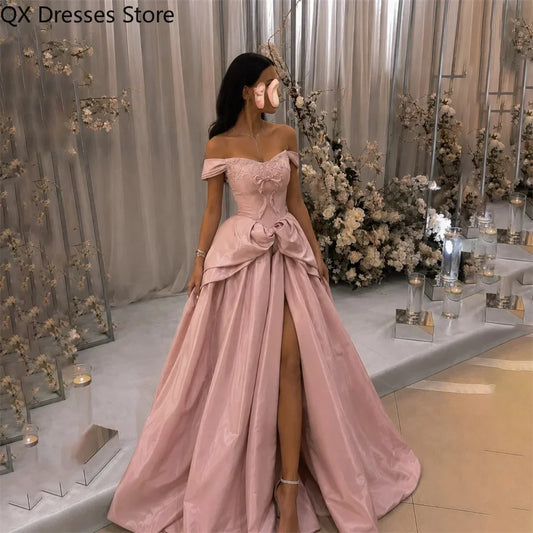 Women's Pink Evening Dresses Off The Shoulder Short Sleeve Party Dresses with Bow Prom Gown High Split Robes Du Soir Customized