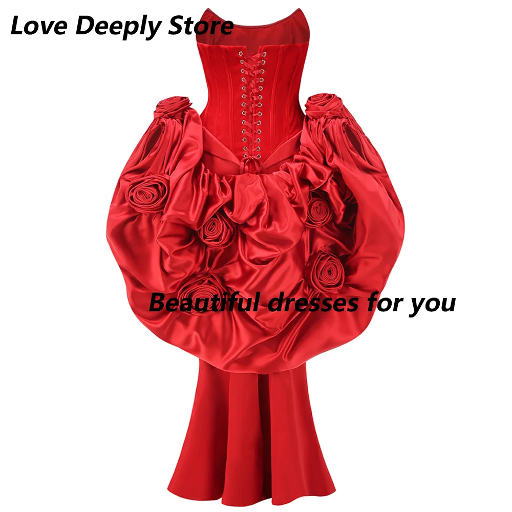 Red Evening Dresses for Women Sexy Strapless Floor Length Prom Dress 2026 Mermaid Backless Handmade Flowers Wedding Party Dress