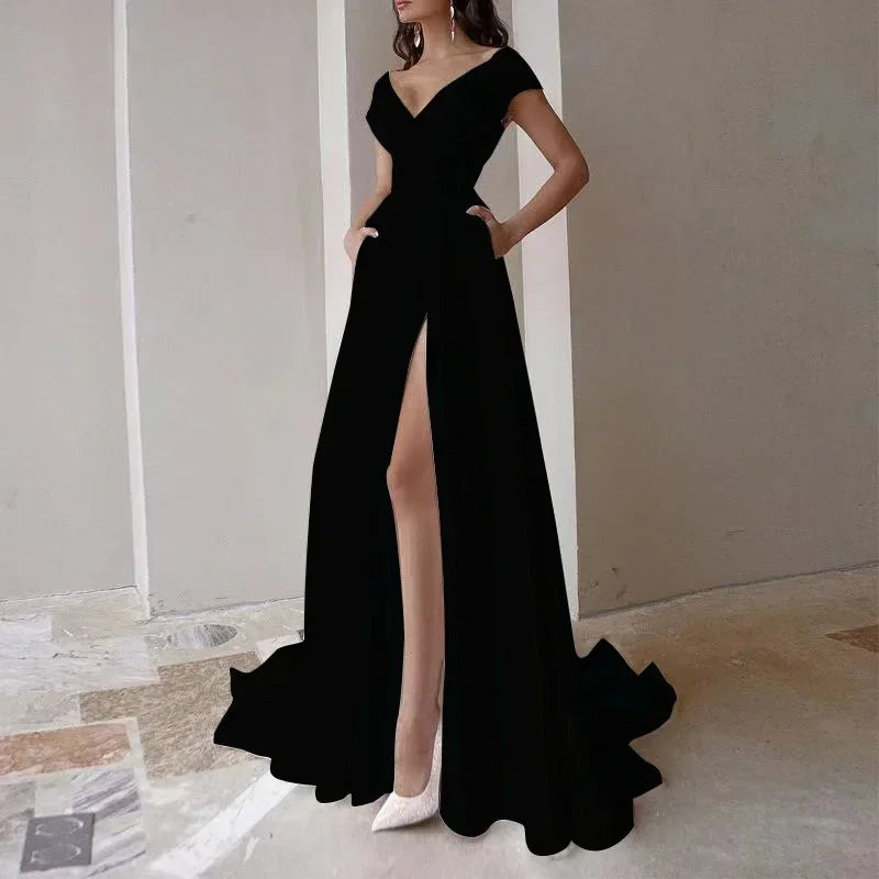 2026 Women's Elegant Party Evening Dresses Sexy V-neck Ruffle Solid Mid Waist Temperament Maxi Dress Prom Dresses Vestidos Femme