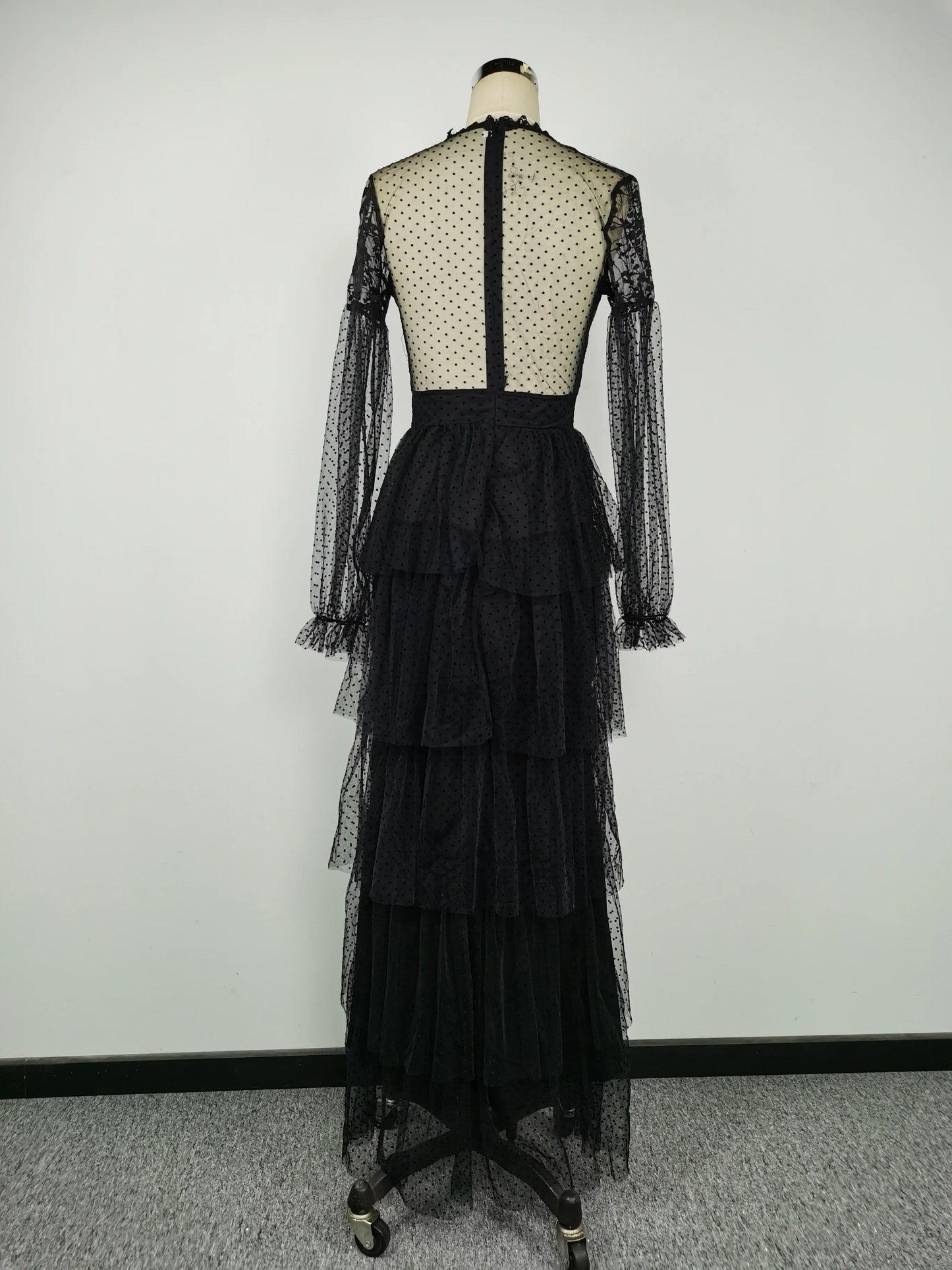 Women Dress Wedding Sexy High Waist Evening Floor Length Dresses Lace Dot Puff Full Sleeve A Line Gown Vestidos Elegant Party