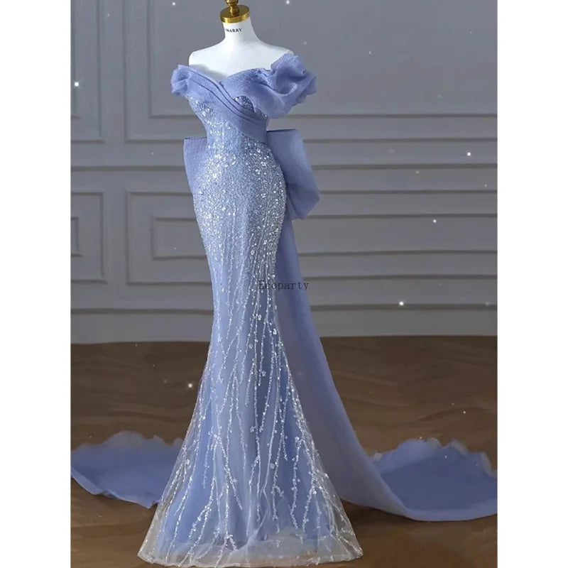 Woman's Dress High Dress Off-Shoulder Blue Evening Dress Light Luxury Niche Mermaid Sequin Host Elegant Party Dresses Vestidos
