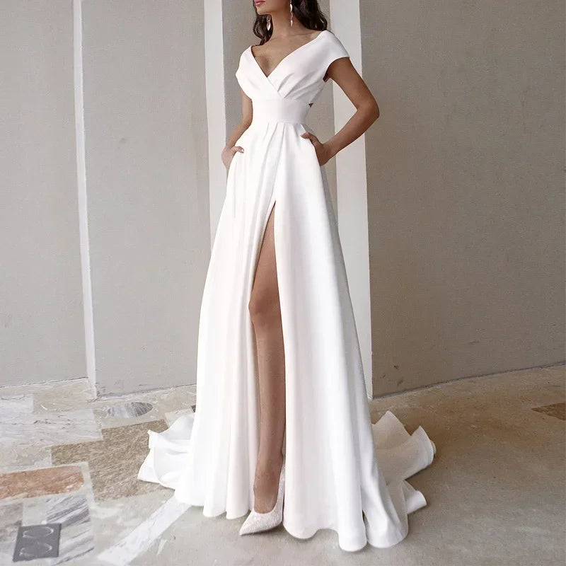 2026 Women's Elegant Party Evening Dresses Sexy V-neck Ruffle Solid Mid Waist Temperament Maxi Dress Prom Dresses Vestidos Femme