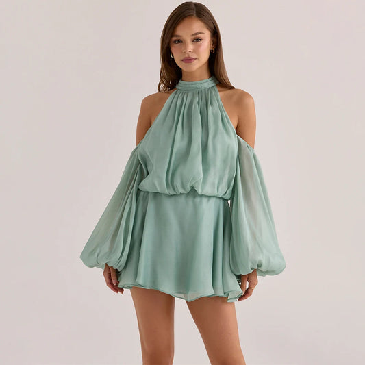 Women's Formal Evening Gowns Elegant Halter Neck Cold Shoulder Pleated Chiffon Evening Dresses Long Prom Party Dress Vestidos
