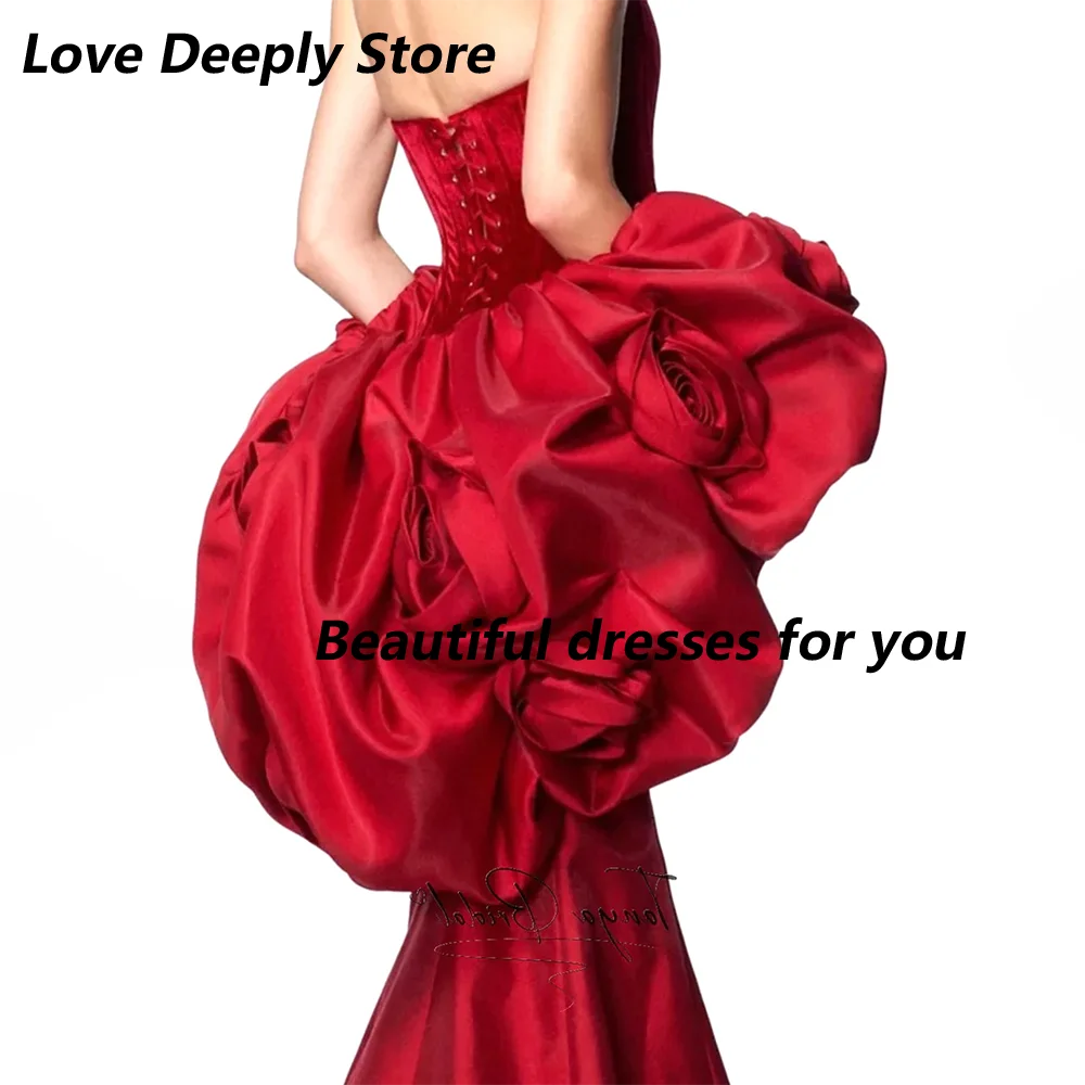 Red Evening Dresses for Women Sexy Strapless Floor Length Prom Dress 2026 Mermaid Backless Handmade Flowers Wedding Party Dress