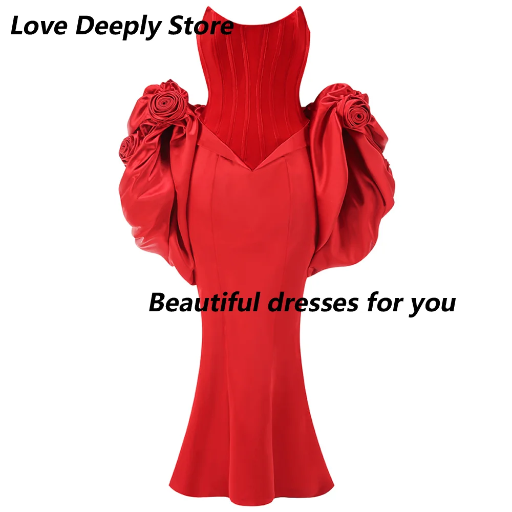 Red Evening Dresses for Women Sexy Strapless Floor Length Prom Dress 2026 Mermaid Backless Handmade Flowers Wedding Party Dress