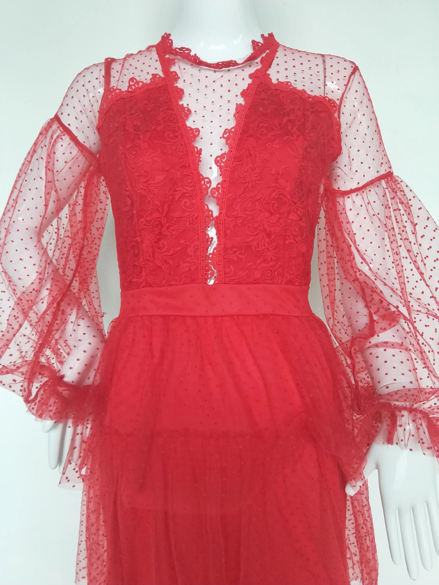 Women Dress Wedding Sexy High Waist Evening Floor Length Dresses Lace Dot Puff Full Sleeve A Line Gown Vestidos Elegant Party
