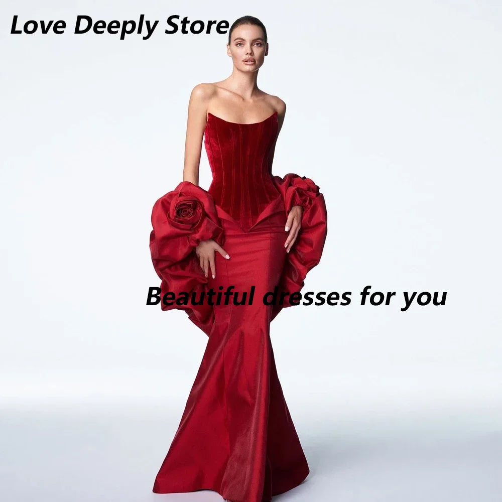 Red Evening Dresses for Women Sexy Strapless Floor Length Prom Dress 2026 Mermaid Backless Handmade Flowers Wedding Party Dress