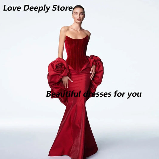 Red Evening Dresses for Women Sexy Strapless Floor Length Prom Dress 2026 Mermaid Backless Handmade Flowers Wedding Party Dress