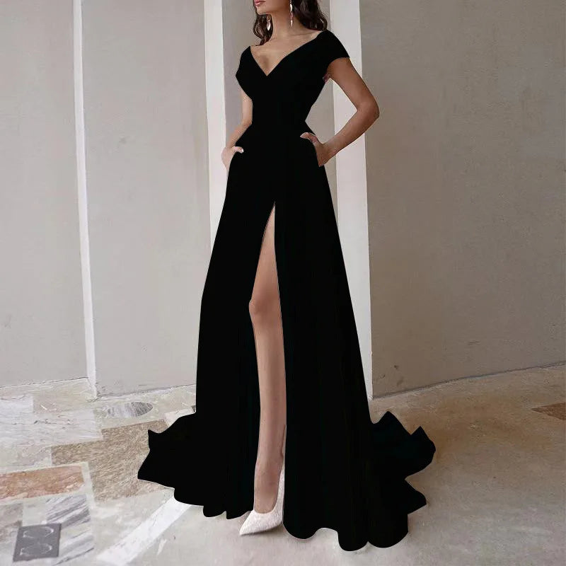 2026 Women's Elegant Party Evening Dresses Sexy V-neck Ruffle Solid Mid Waist Temperament Maxi Dress Prom Dresses Vestidos Femme