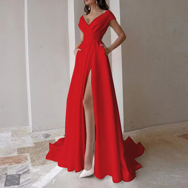 2026 Women's Elegant Party Evening Dresses Sexy V-neck Ruffle Solid Mid Waist Temperament Maxi Dress Prom Dresses Vestidos Femme