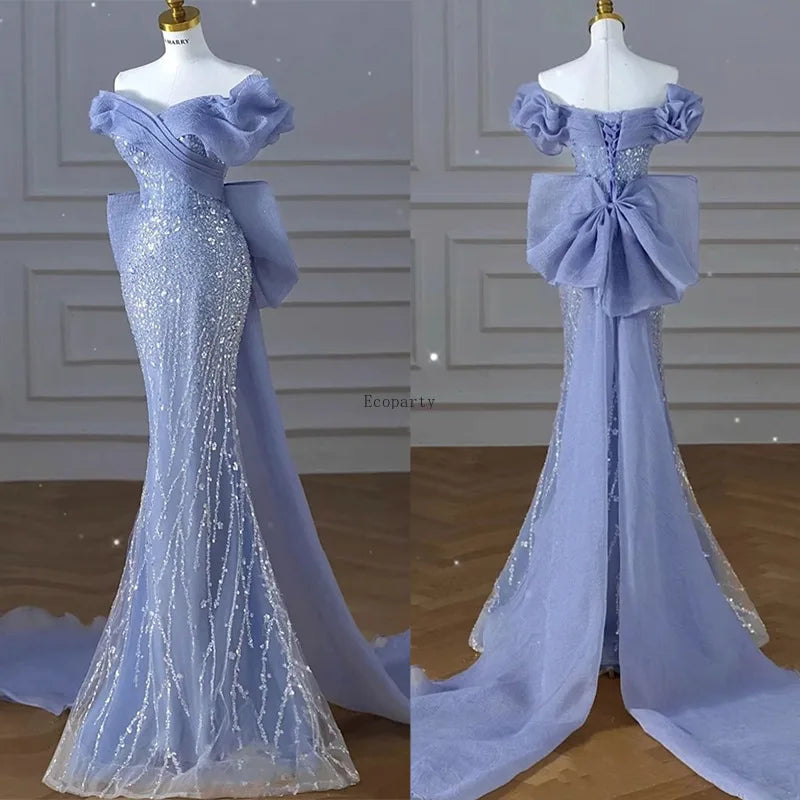 Woman's Dress High Dress Off-Shoulder Blue Evening Dress Light Luxury Niche Mermaid Sequin Host Elegant Party Dresses Vestidos