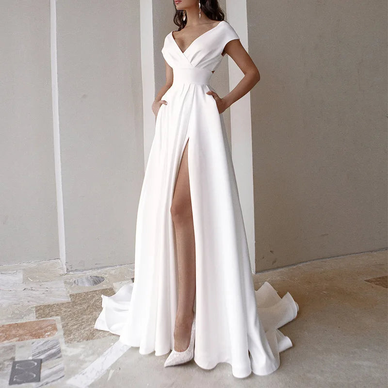 2026 Women's Elegant Party Evening Dresses Sexy V-neck Ruffle Solid Mid Waist Temperament Maxi Dress Prom Dresses Vestidos Femme