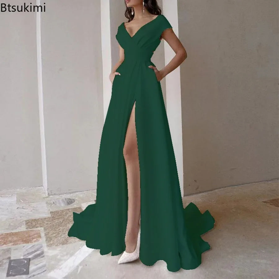 2026 Women's Elegant Party Evening Dresses Sexy V-neck Ruffle Solid Mid Waist Temperament Maxi Dress Prom Dresses Vestidos Femme